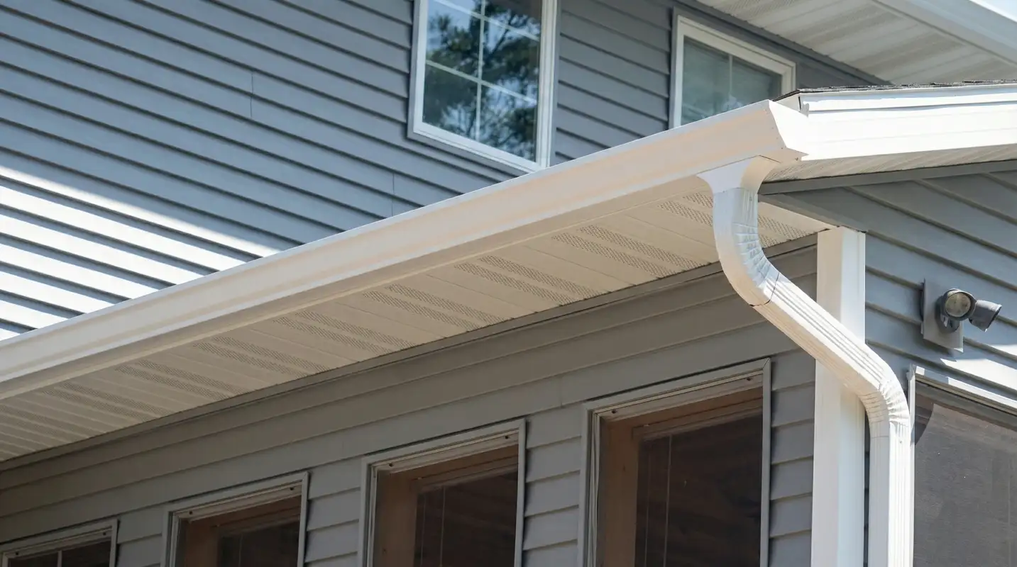 Professional home remodeling project showing newly installed white seamless gutters and downspouts on a house with gray siding in Norfolk, VA