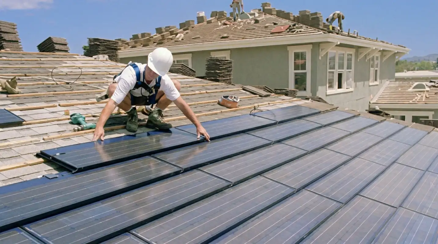 Roof replacement expert installing modern solar shingles on a residential home in Norfolk, VA