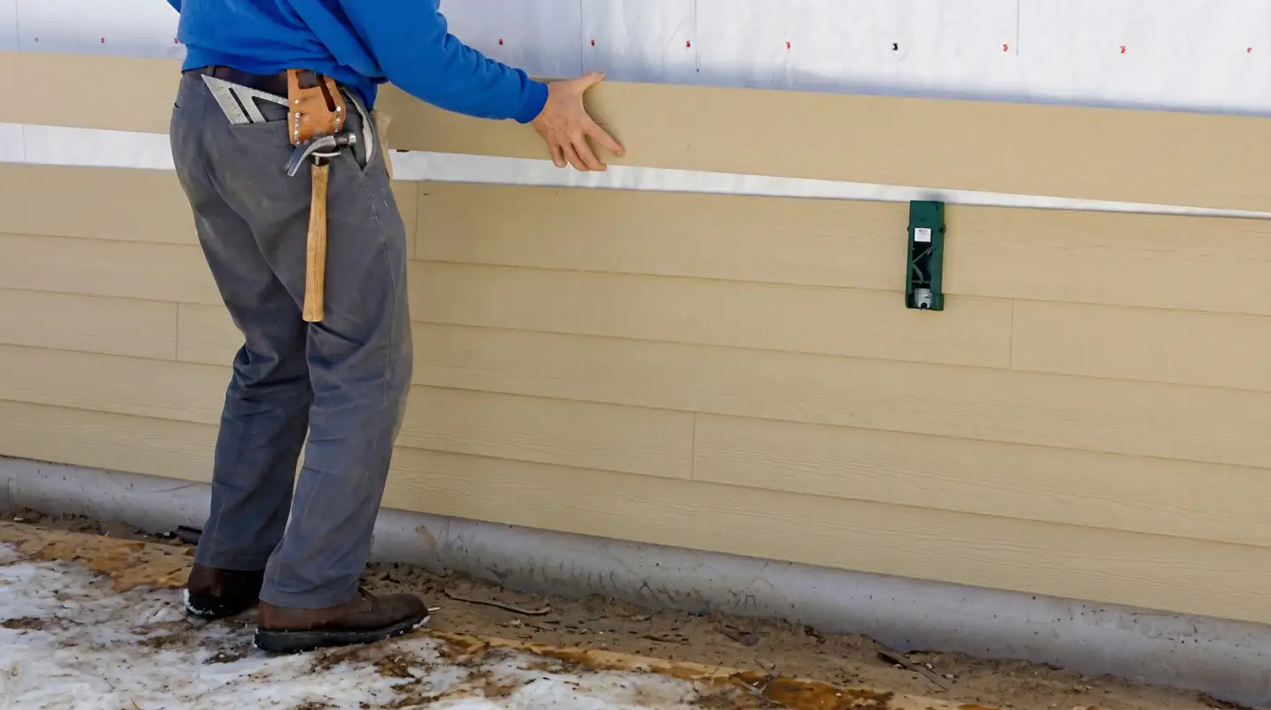 Siding replacement expert carefully aligning a new tan siding panel onto a residential exterior wall in Norfolk, VA