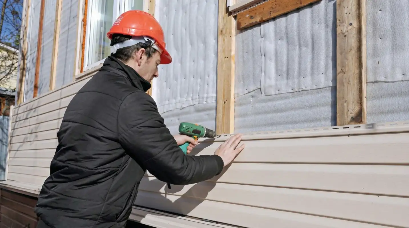Siding replacement professional using a power drill to install new tan vinyl siding on a home exterior in Norfolk, VA