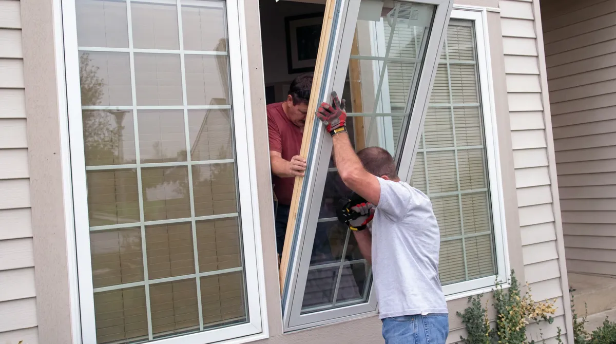 Professional home remodeling team installing a large replacement window on a house with tan siding in Norfolk, VA