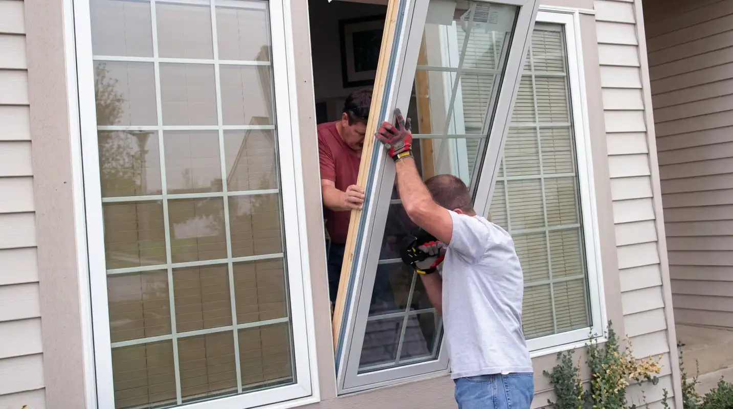 Professional home remodeling team installing a large replacement window on a house with tan siding in Norfolk, VA
